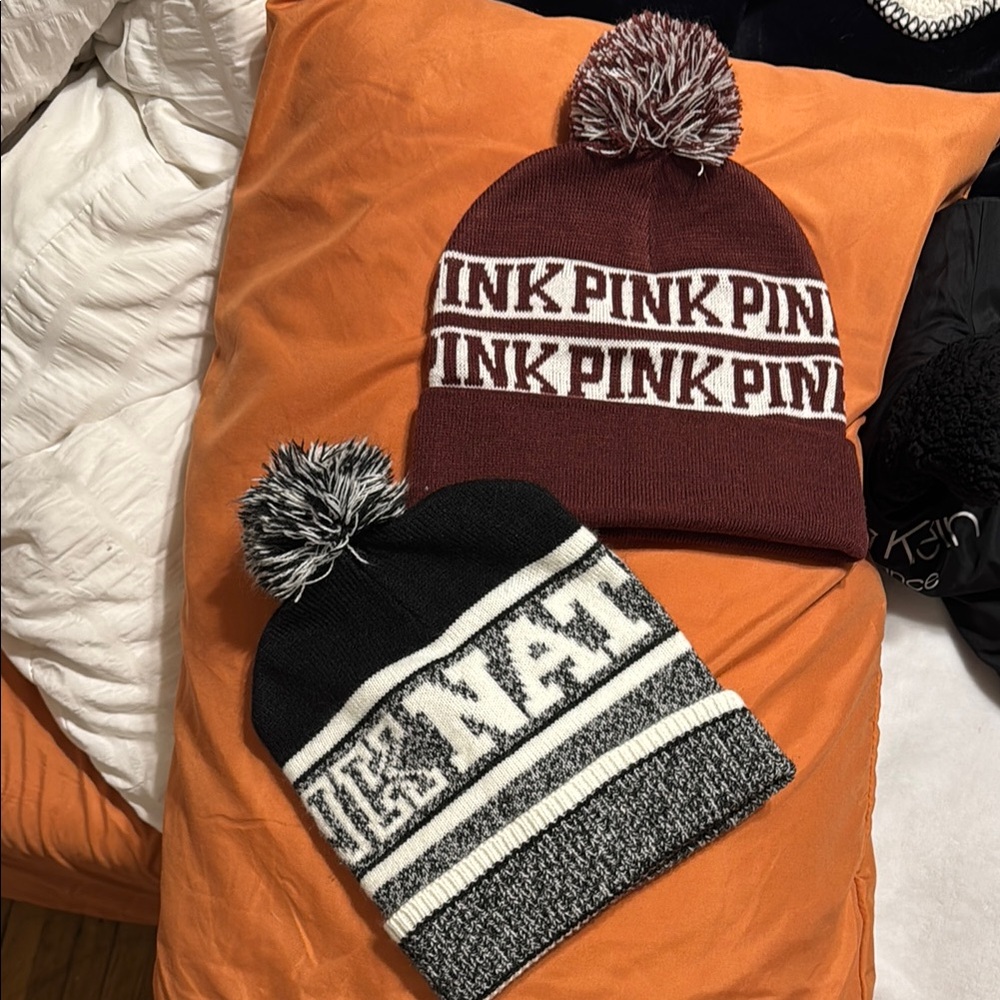 PINK Pom Pom Beanies - Black and Burgundy